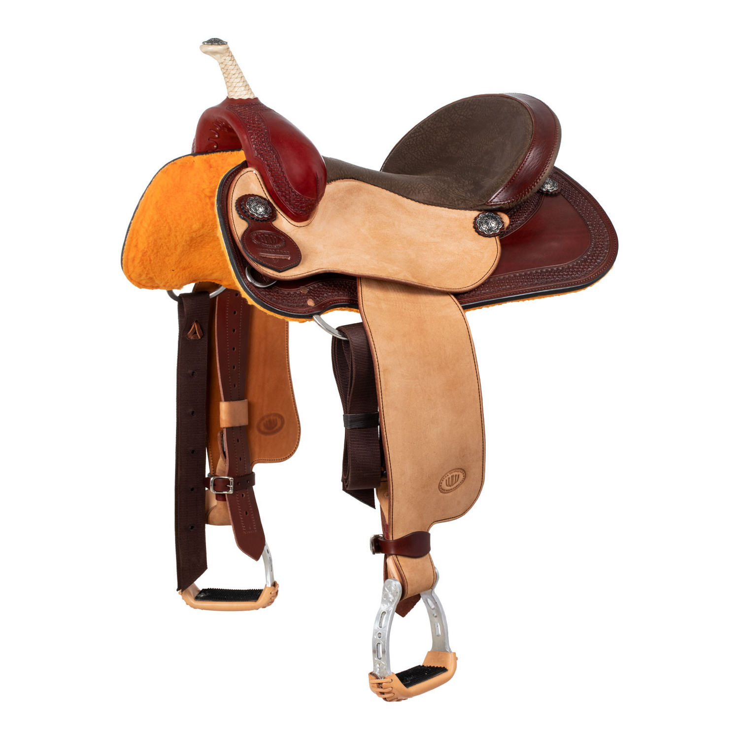 Westernreitsattel Basic Barrel MJ – Burgunder/Naturleder mit feiner Korbprägung