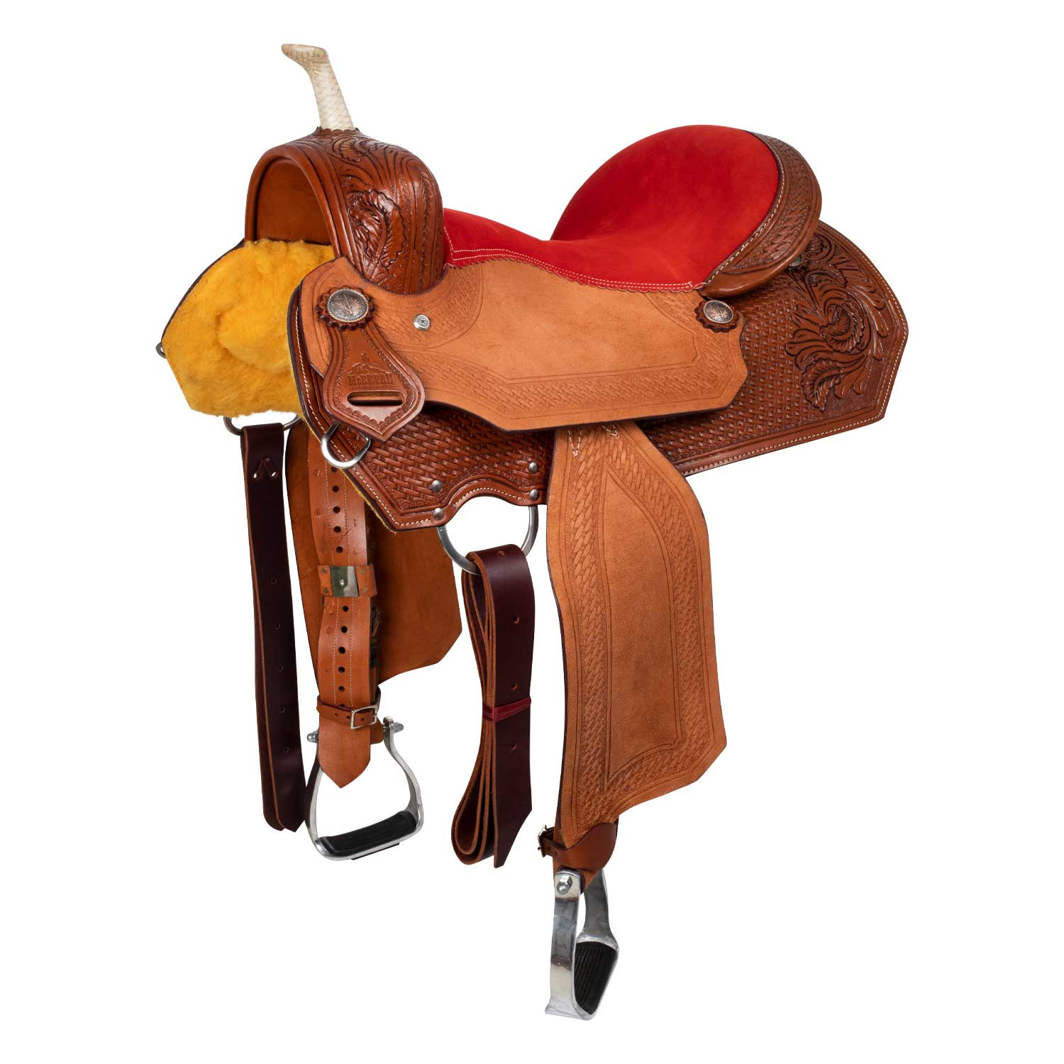 Roter Western-Barrelsattel mit Basket-Tooling