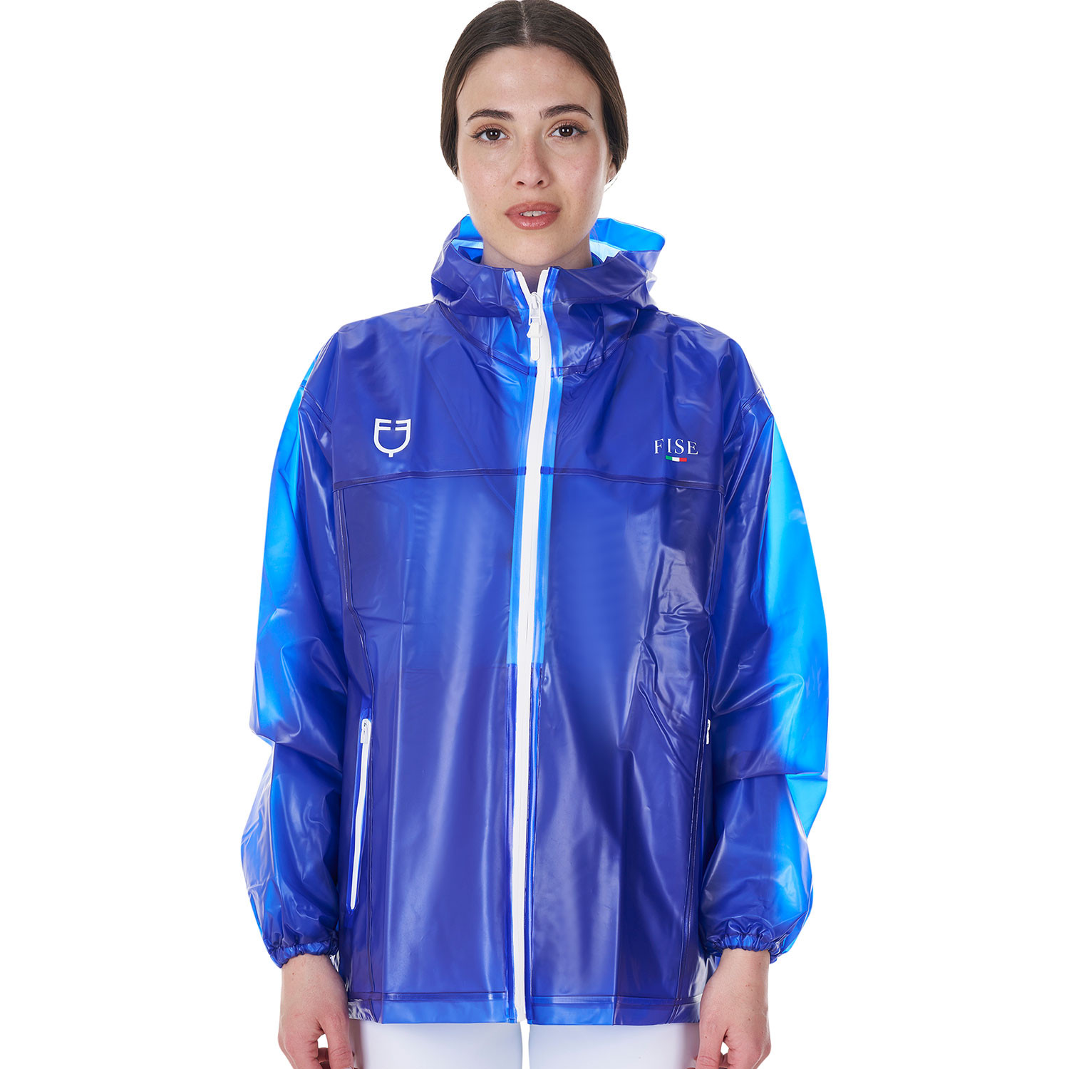 Blaue Damen-Regenjacke mit Kapuze für den Reitsport- winddicht wasserabweisend