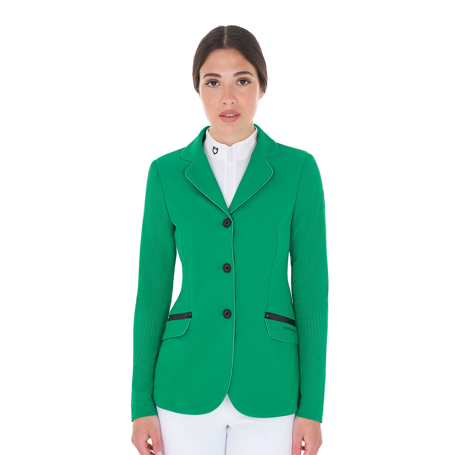 Damen-Wettkampfjacke mit Knöpfen und perforiertem Stoff